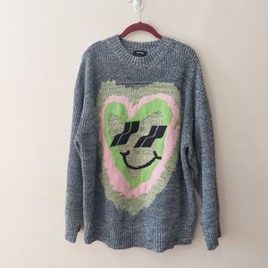 Heavy Knit Oversized Wool Blend Fuzzy Smiley Face Crew Sweater Unisex Size S